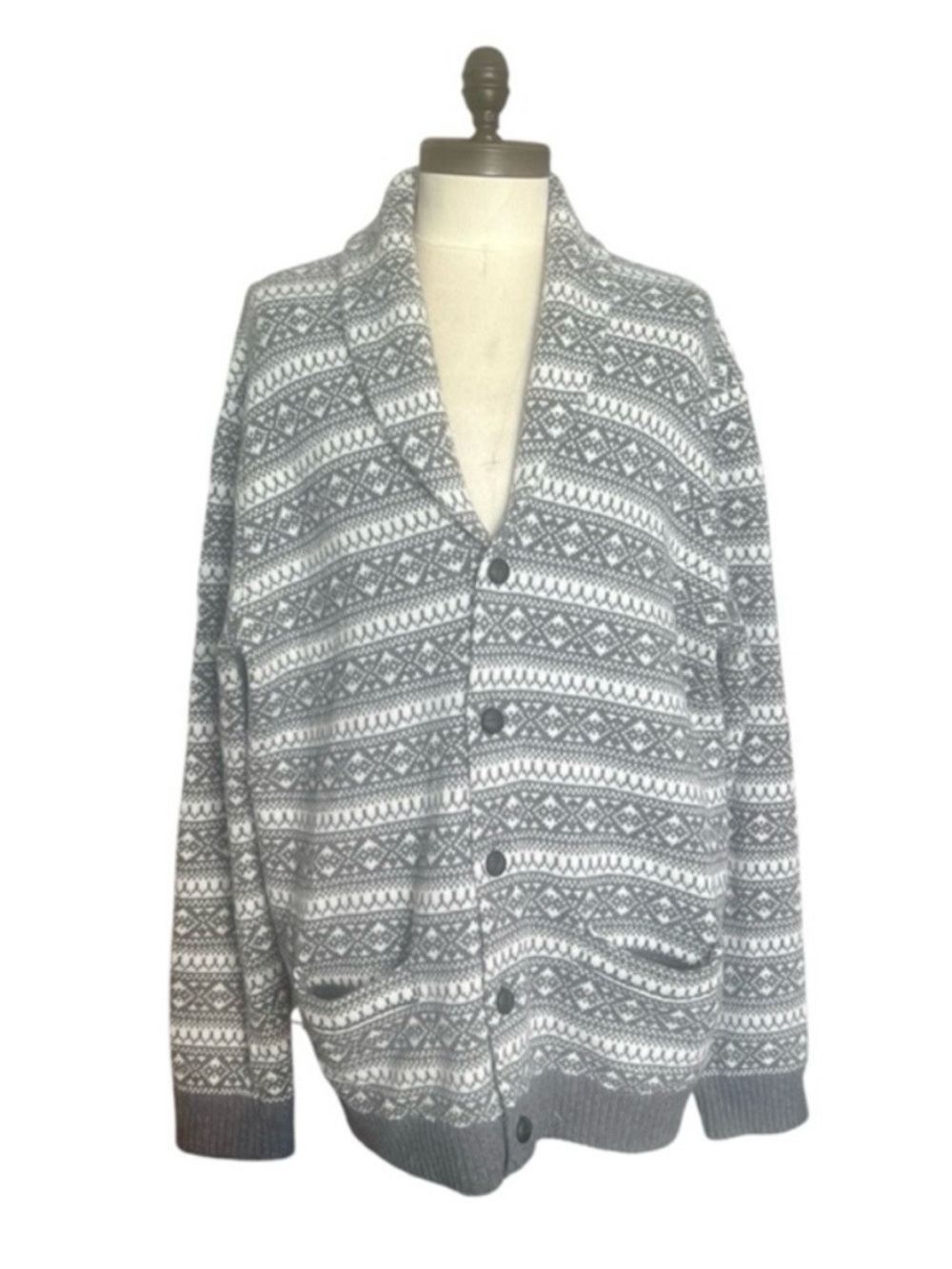 Brooks Brothers Fair Isle Preppy Grandpa Cardigan Sweater SZ XXL Gray White